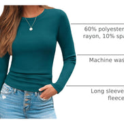 AUTOMET Women's Ribbed Long Sleeve Basic Top - Soft Stretch Crewneck Shirt for Work & Casual Black M