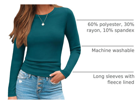 AUTOMET Women's Ribbed Long Sleeve Basic Top - Soft Stretch Crewneck Shirt for Work & Casual Black M