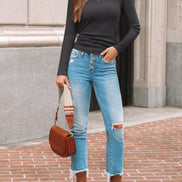 AUTOMET Women's Ribbed Long Sleeve Basic Top - Soft Stretch Crewneck Shirt for Work & Casual Black M