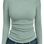 AUTOMET Women's Ribbed Long Sleeve Basic Top - Soft Stretch Crewneck Shirt for Work & Casual Black M