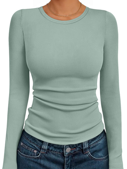 AUTOMET Women's Ribbed Long Sleeve Basic Top - Soft Stretch Crewneck Shirt for Work & Casual Black M