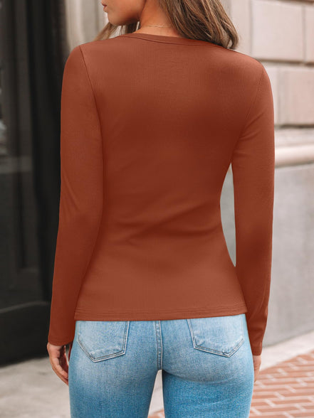 AUTOMET Women's Ribbed Long Sleeve Basic Top - Soft Stretch Crewneck Shirt for Work & Casual Black M