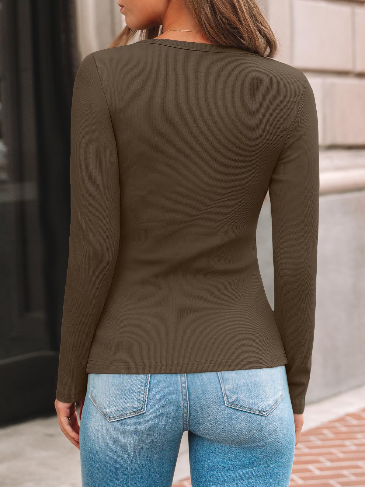 AUTOMET Women's Ribbed Long Sleeve Basic Top - Soft Stretch Crewneck Shirt for Work & Casual Black M