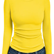 AUTOMET Women's Ribbed Long Sleeve Basic Top - Soft Stretch Crewneck Shirt for Work & Casual Black M