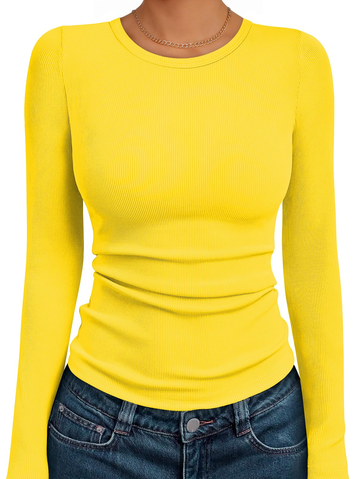 AUTOMET Women's Ribbed Long Sleeve Basic Top - Soft Stretch Crewneck Shirt for Work & Casual Black M