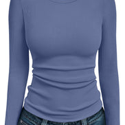 AUTOMET Women's Ribbed Long Sleeve Basic Top - Soft Stretch Crewneck Shirt for Work & Casual Black M