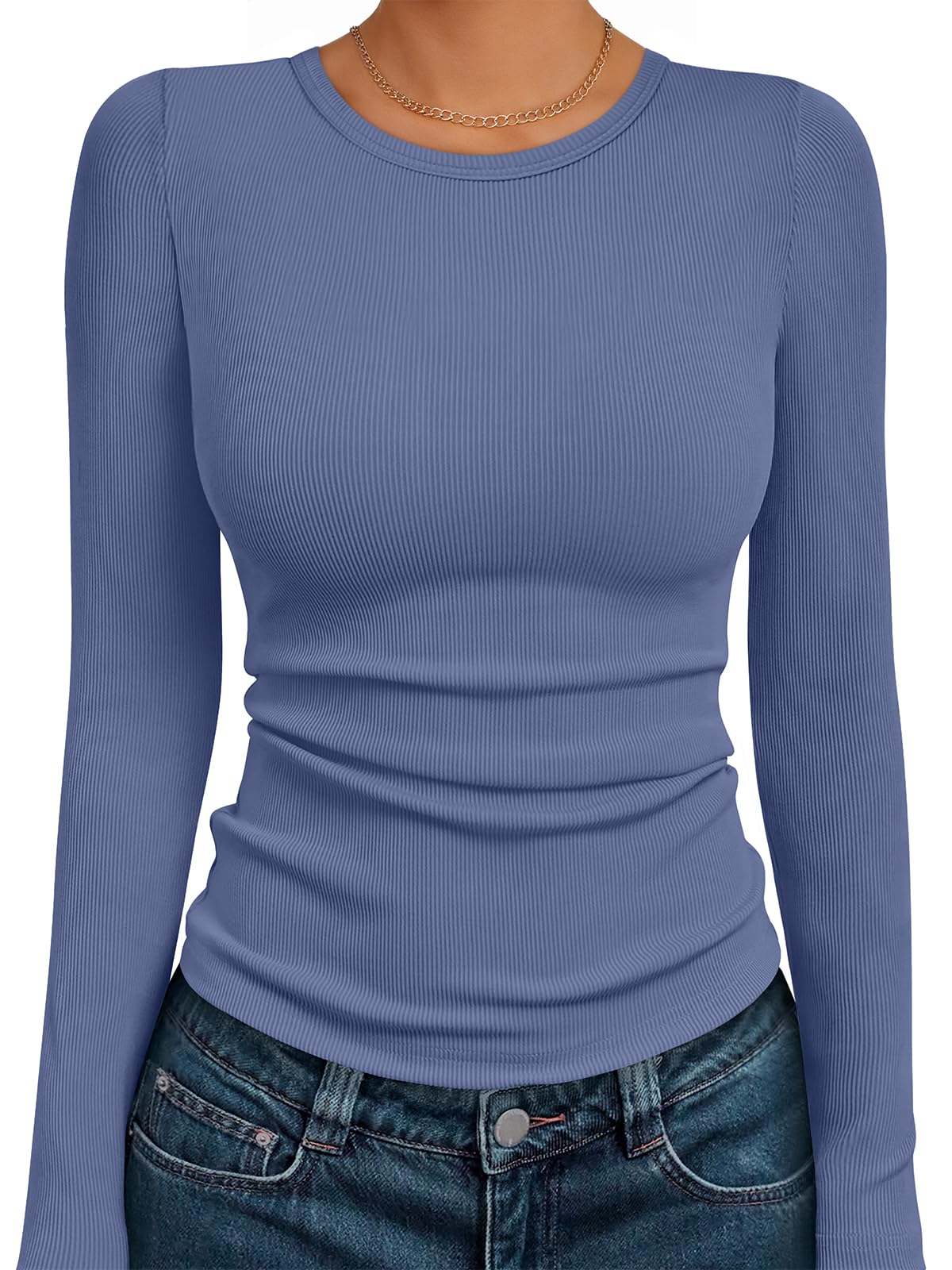 AUTOMET Women's Ribbed Long Sleeve Basic Top - Soft Stretch Crewneck Shirt for Work & Casual Black M