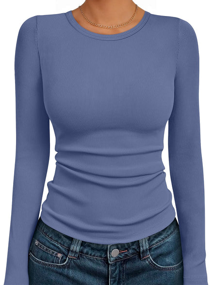 AUTOMET Women's Ribbed Long Sleeve Basic Top - Soft Stretch Crewneck Shirt for Work & Casual Black M