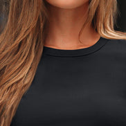 AUTOMET Women's Ribbed Long Sleeve Basic Top - Soft Stretch Crewneck Shirt for Work & Casual Black M