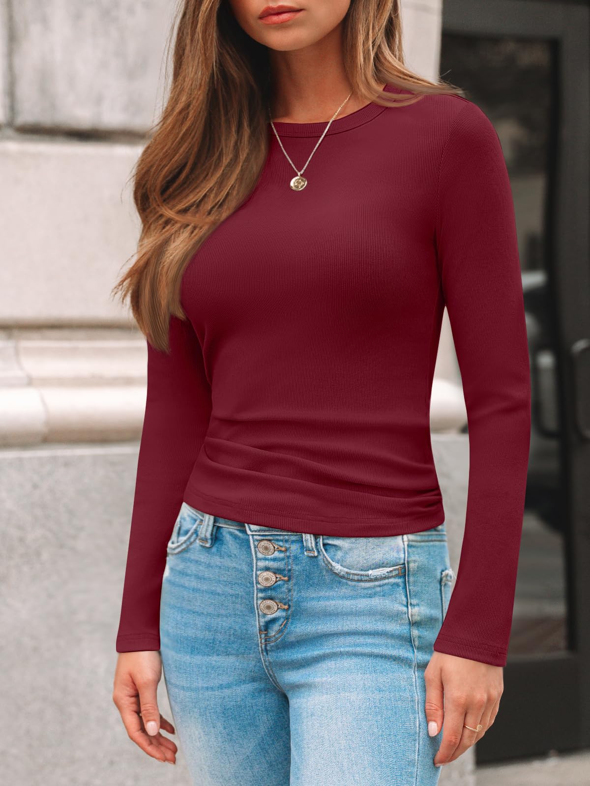 AUTOMET Women's Ribbed Long Sleeve Basic Top - Soft Stretch Crewneck Shirt for Work & Casual Black M