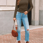 AUTOMET Women's Ribbed Long Sleeve Basic Top - Soft Stretch Crewneck Shirt for Work & Casual Black M