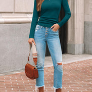 AUTOMET Women's Ribbed Long Sleeve Basic Top - Soft Stretch Crewneck Shirt for Work & Casual Black M