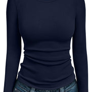AUTOMET Women's Ribbed Long Sleeve Basic Top - Soft Stretch Crewneck Shirt for Work & Casual Black M