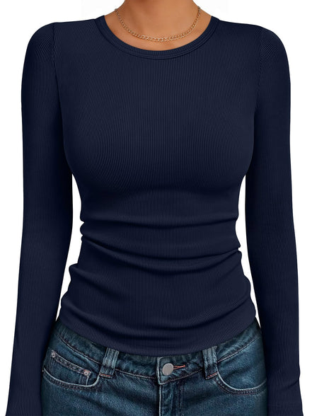 AUTOMET Women's Ribbed Long Sleeve Basic Top - Soft Stretch Crewneck Shirt for Work & Casual Black M
