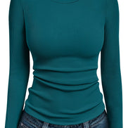 AUTOMET Women's Ribbed Long Sleeve Basic Top - Soft Stretch Crewneck Shirt for Work & Casual Black M