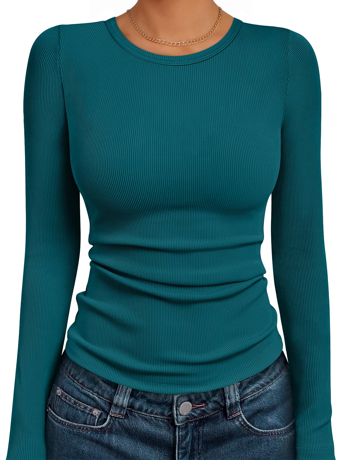 AUTOMET Women's Ribbed Long Sleeve Basic Top - Soft Stretch Crewneck Shirt for Work & Casual Black M