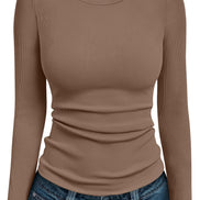 AUTOMET Women's Ribbed Long Sleeve Basic Top - Soft Stretch Crewneck Shirt for Work & Casual Black M