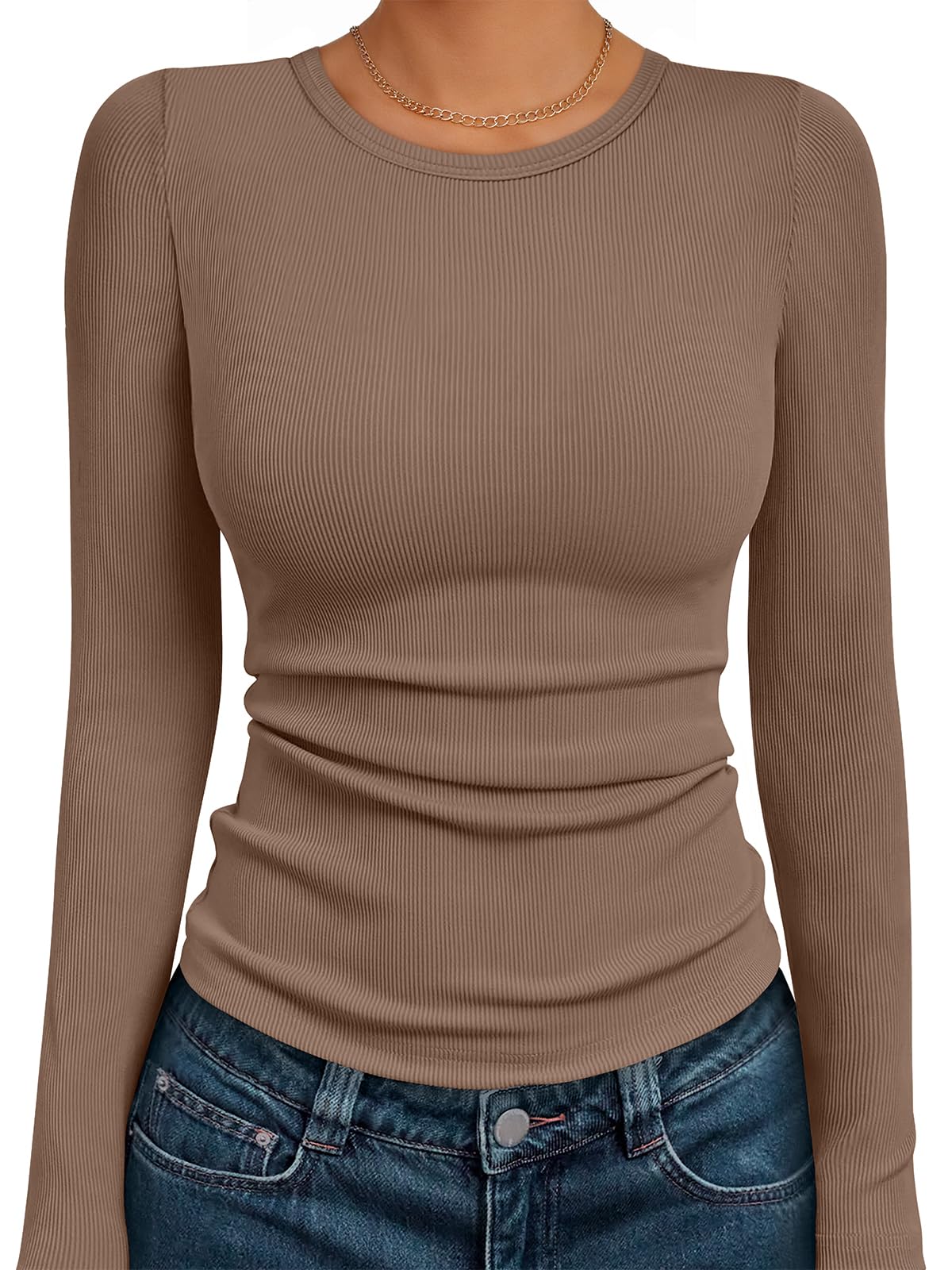 AUTOMET Women's Ribbed Long Sleeve Basic Top - Soft Stretch Crewneck Shirt for Work & Casual Black M