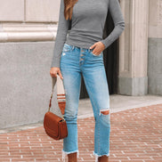 AUTOMET Women's Ribbed Long Sleeve Basic Top - Soft Stretch Crewneck Shirt for Work & Casual Black M