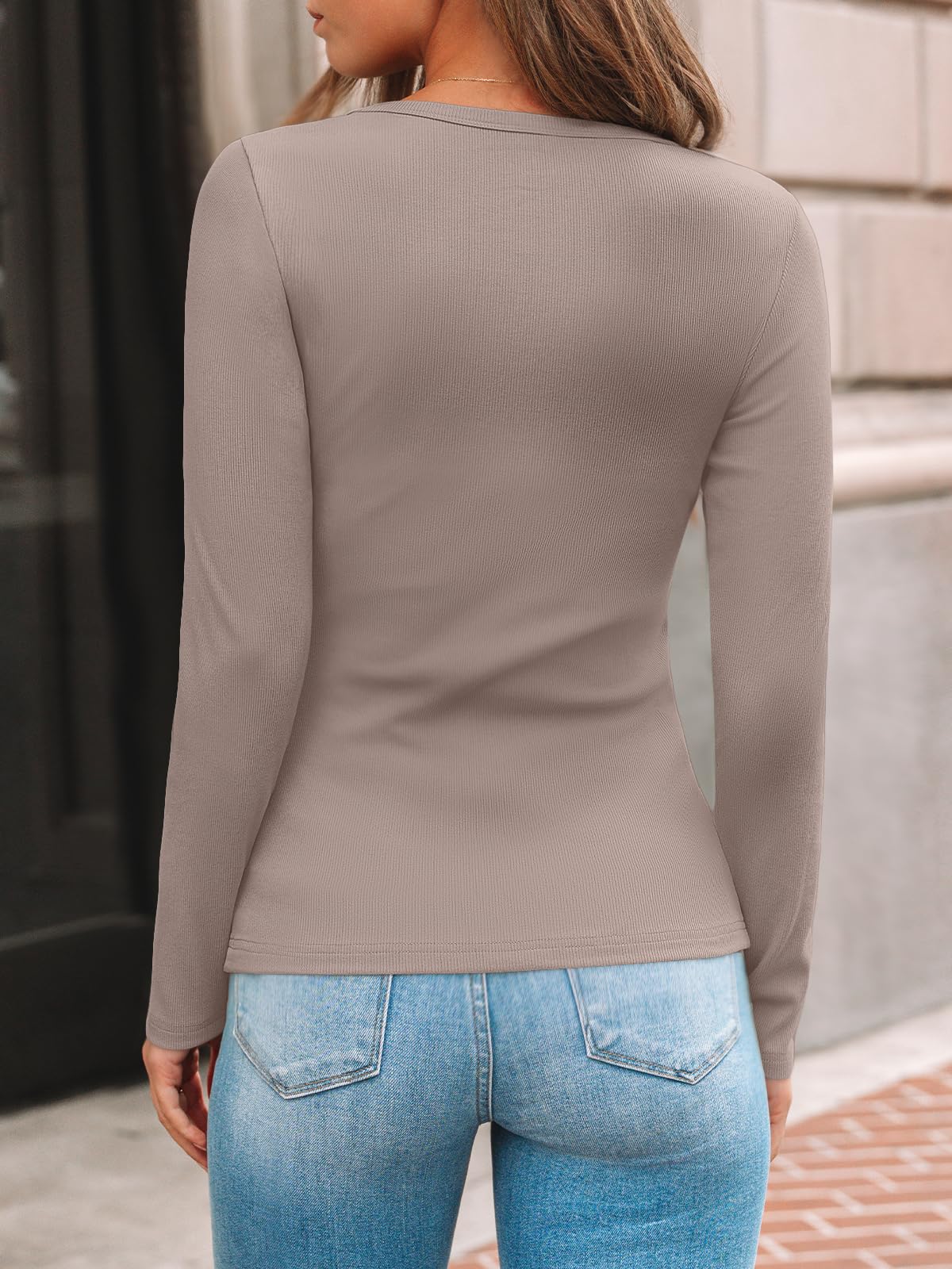 AUTOMET Women's Ribbed Long Sleeve Basic Top - Soft Stretch Crewneck Shirt for Work & Casual Black M