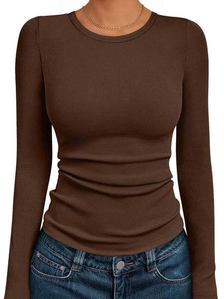 AUTOMET Women's Ribbed Long Sleeve Basic Top - Soft Stretch Crewneck Shirt for Work & Casual Black M