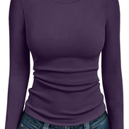 AUTOMET Women's Ribbed Long Sleeve Basic Top - Soft Stretch Crewneck Shirt for Work & Casual Black M