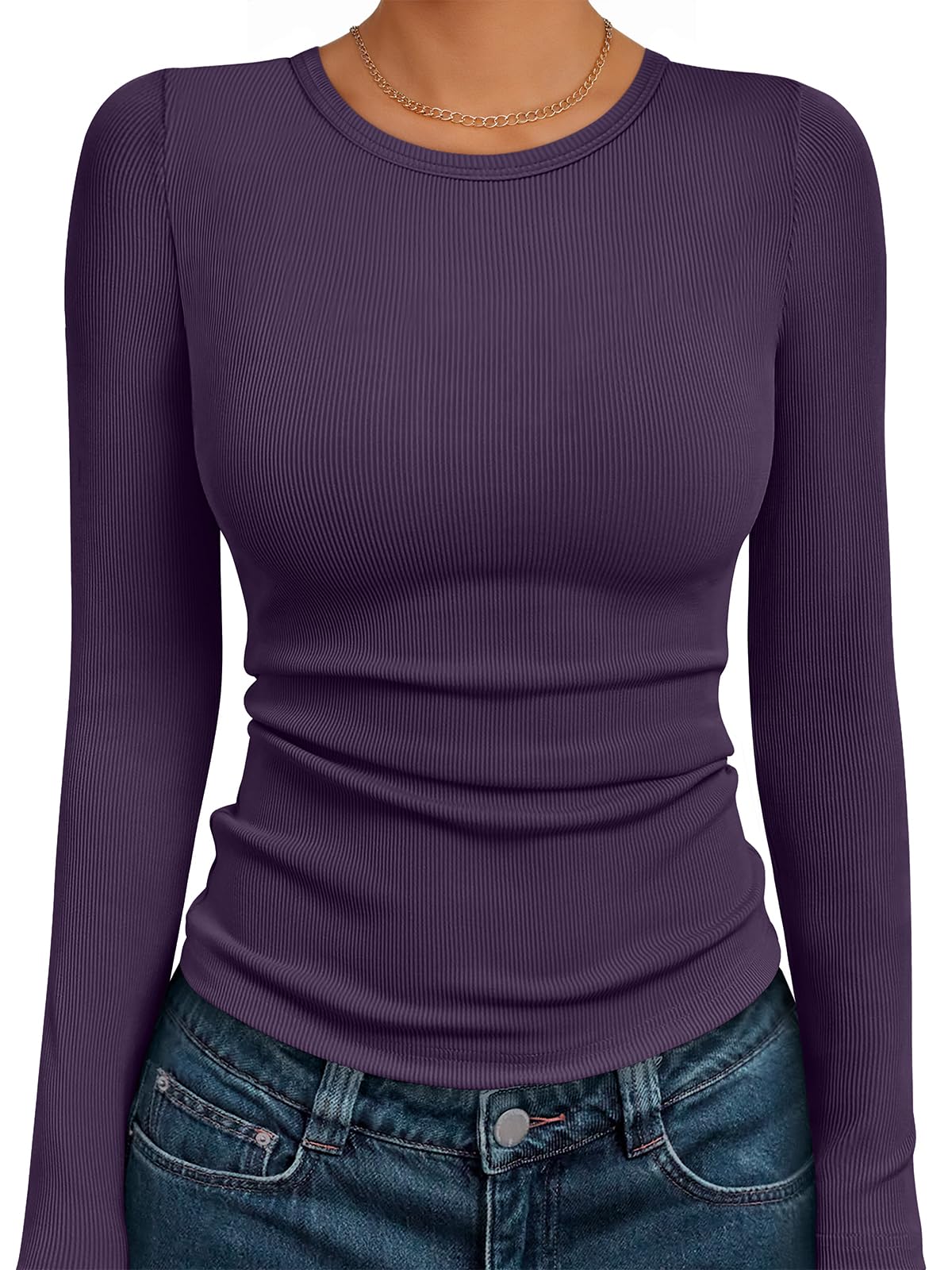 AUTOMET Women's Ribbed Long Sleeve Basic Top - Soft Stretch Crewneck Shirt for Work & Casual Black M