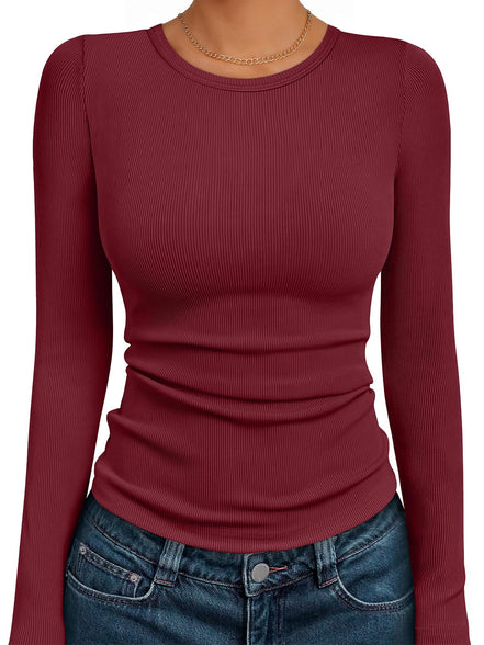 AUTOMET Women's Ribbed Long Sleeve Basic Top - Soft Stretch Crewneck Shirt for Work & Casual Black M