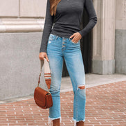 AUTOMET Women's Ribbed Long Sleeve Basic Top - Soft Stretch Crewneck Shirt for Work & Casual Black M