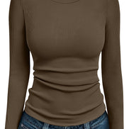 AUTOMET Women's Ribbed Long Sleeve Basic Top - Soft Stretch Crewneck Shirt for Work & Casual Black M