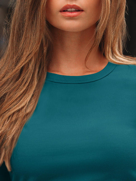 AUTOMET Women's Ribbed Long Sleeve Basic Top - Soft Stretch Crewneck Shirt for Work & Casual Black M