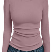 AUTOMET Women's Ribbed Long Sleeve Basic Top - Soft Stretch Crewneck Shirt for Work & Casual Black M