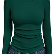 AUTOMET Women's Ribbed Long Sleeve Basic Top - Soft Stretch Crewneck Shirt for Work & Casual Black M