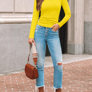 AUTOMET Women's Ribbed Long Sleeve Basic Top - Soft Stretch Crewneck Shirt for Work & Casual Black M