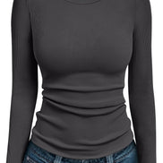 AUTOMET Women's Ribbed Long Sleeve Basic Top - Soft Stretch Crewneck Shirt for Work & Casual Black M