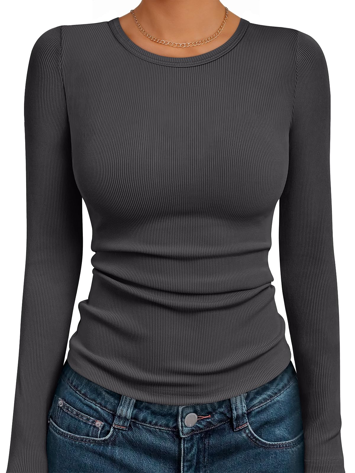 AUTOMET Women's Ribbed Long Sleeve Basic Top - Soft Stretch Crewneck Shirt for Work & Casual Black M