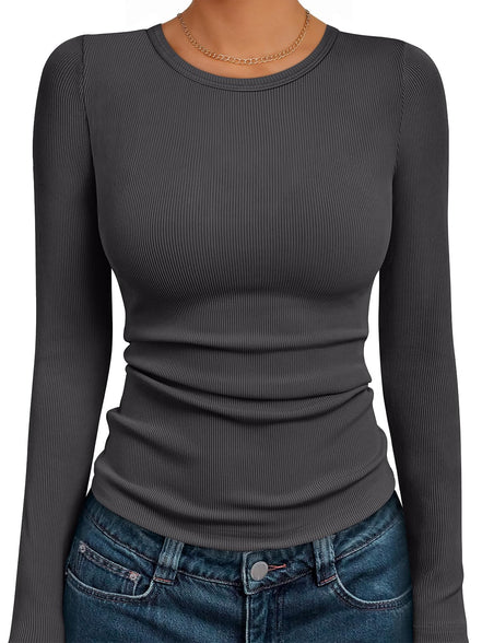 AUTOMET Women's Ribbed Long Sleeve Basic Top - Soft Stretch Crewneck Shirt for Work & Casual Black M