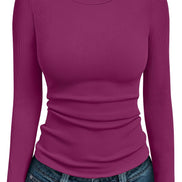 AUTOMET Women's Ribbed Long Sleeve Basic Top - Soft Stretch Crewneck Shirt for Work & Casual Black M