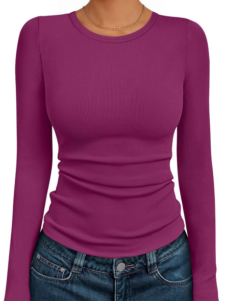 AUTOMET Women's Ribbed Long Sleeve Basic Top - Soft Stretch Crewneck Shirt for Work & Casual Black M