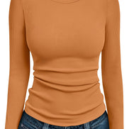 AUTOMET Women's Ribbed Long Sleeve Basic Top - Soft Stretch Crewneck Shirt for Work & Casual Black M