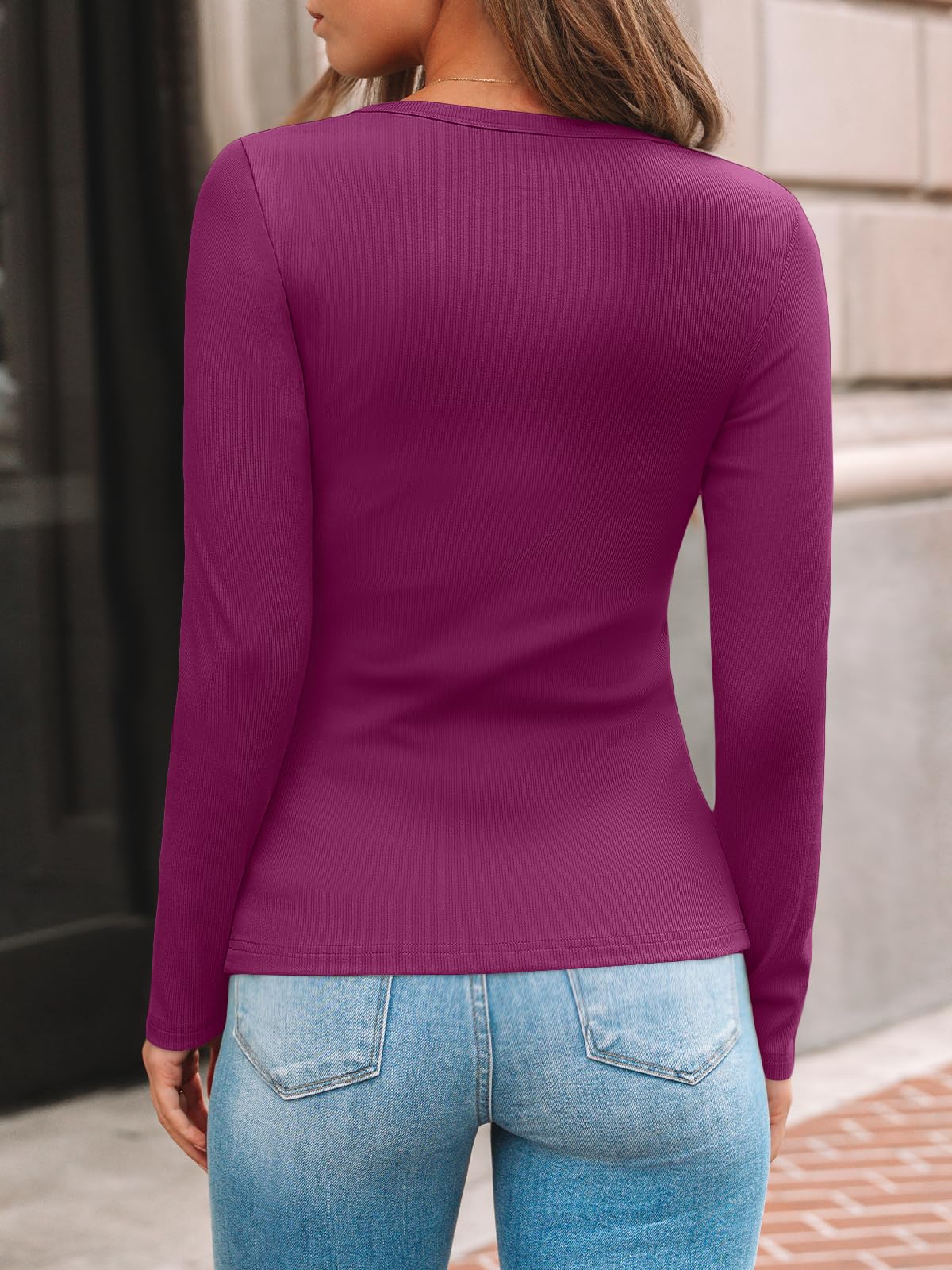 AUTOMET Women's Ribbed Long Sleeve Basic Top - Soft Stretch Crewneck Shirt for Work & Casual Black M