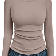 AUTOMET Women's Ribbed Long Sleeve Basic Top - Soft Stretch Crewneck Shirt for Work & Casual Black M