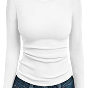 AUTOMET Women's Ribbed Long Sleeve Basic Top - Soft Stretch Crewneck Shirt for Work & Casual Black M