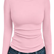 AUTOMET Women's Ribbed Long Sleeve Basic Top - Soft Stretch Crewneck Shirt for Work & Casual Black M