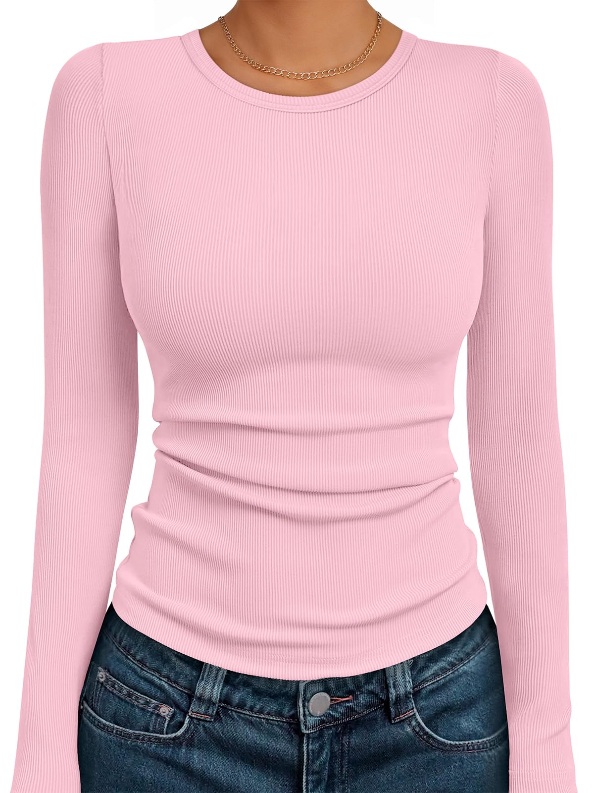 AUTOMET Women's Ribbed Long Sleeve Basic Top - Soft Stretch Crewneck Shirt for Work & Casual Black M