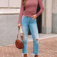 AUTOMET Women's Ribbed Long Sleeve Basic Top - Soft Stretch Crewneck Shirt for Work & Casual Black M