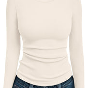 AUTOMET Women's Ribbed Long Sleeve Basic Top - Soft Stretch Crewneck Shirt for Work & Casual Black M