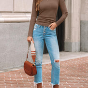 AUTOMET Women's Ribbed Long Sleeve Basic Top - Soft Stretch Crewneck Shirt for Work & Casual Black M