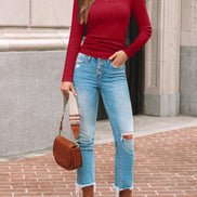 AUTOMET Women's Ribbed Long Sleeve Basic Top - Soft Stretch Crewneck Shirt for Work & Casual Black M