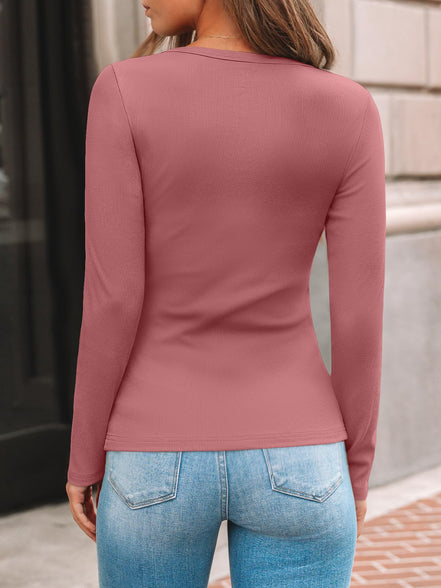 AUTOMET Women's Ribbed Long Sleeve Basic Top - Soft Stretch Crewneck Shirt for Work & Casual Black M